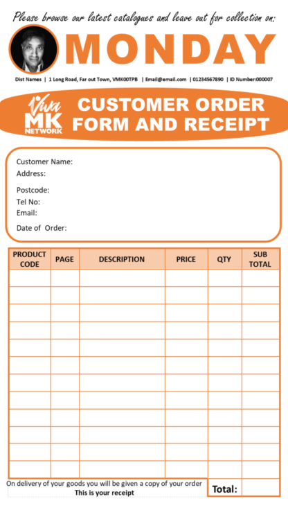 Order forms with customised day slip attached